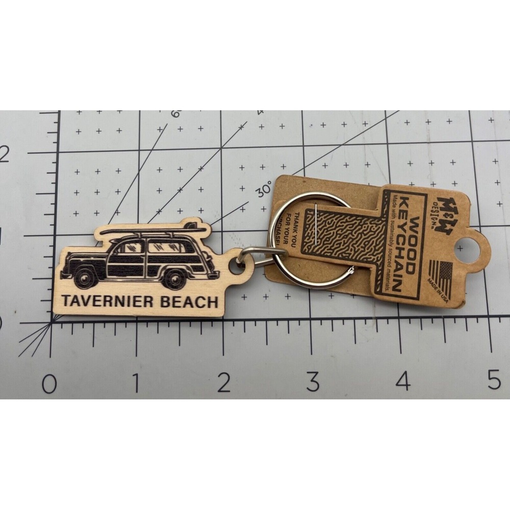 Metal and Wood Co Keychain Travel Tavernier Beach Surf Board on top of car‎